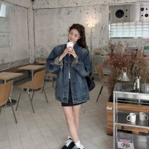 Korean Retro Denim Jacket with Shoulder Pads