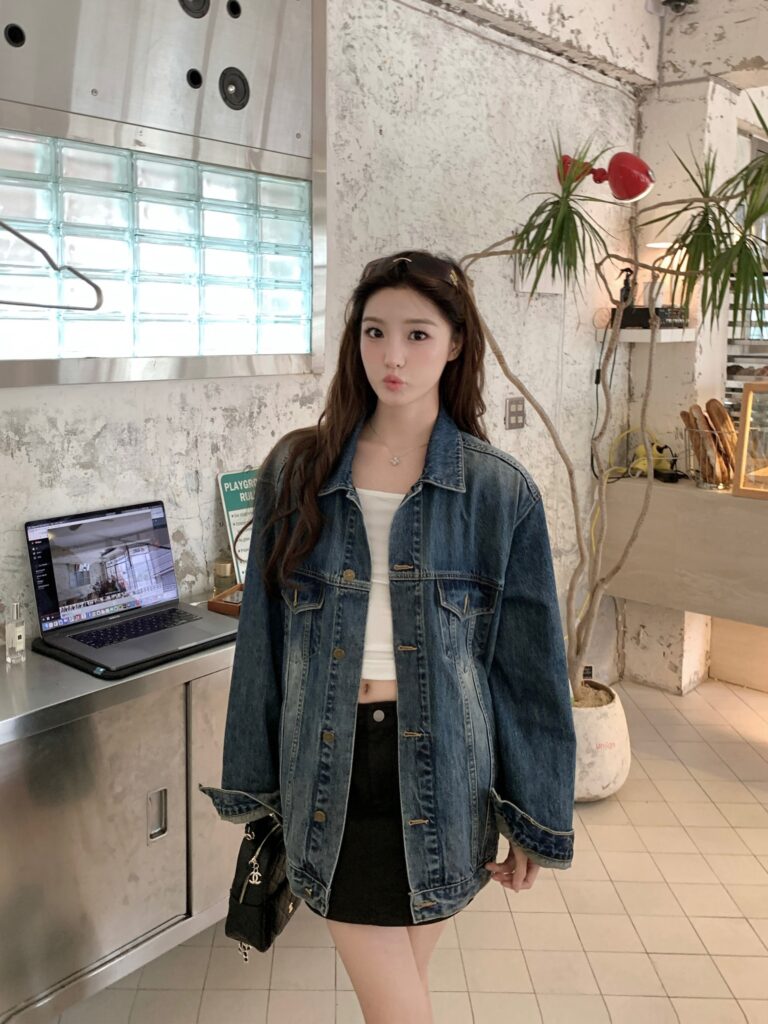 Korean Retro Denim Jacket with Shoulder Pads