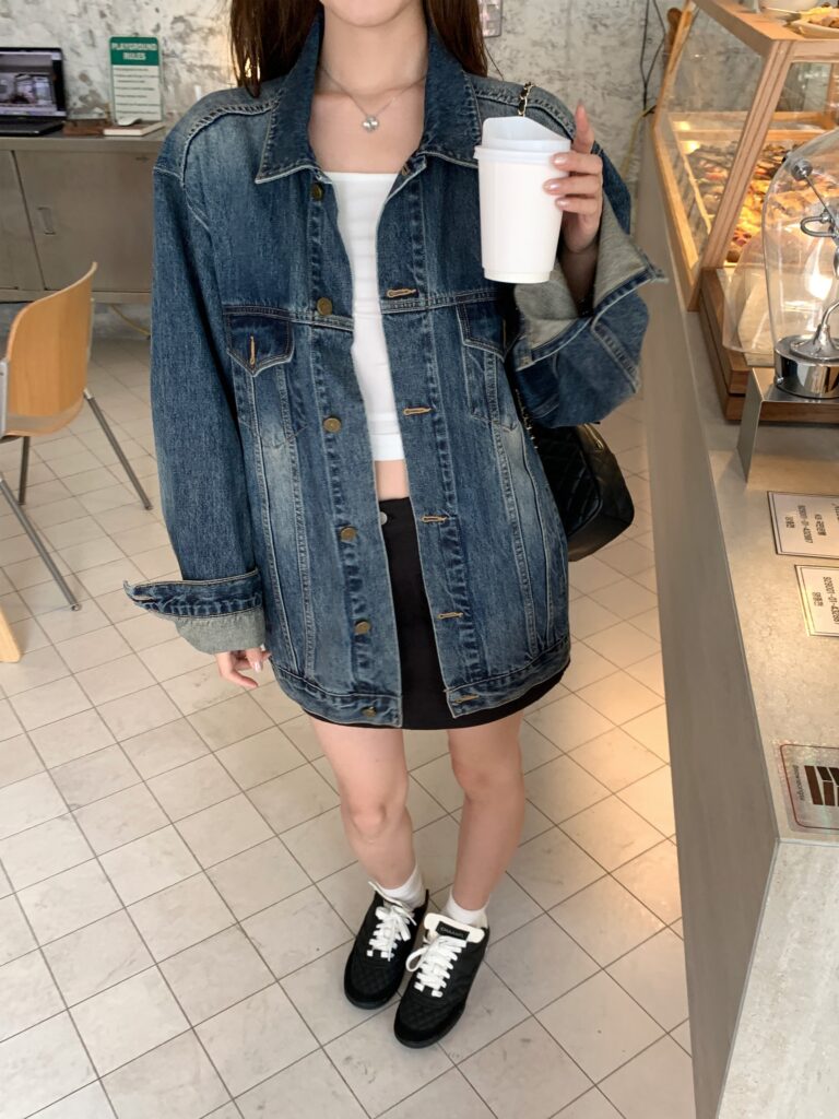 Korean Retro Denim Jacket with Shoulder Pads
